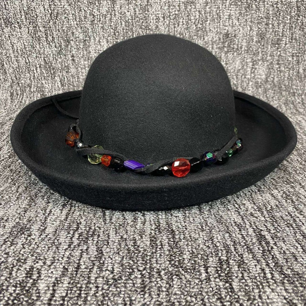 Cappelli Straworld Y2k Black Wool Bowler Hat Jewel Bead Band Cloche Boho NWT